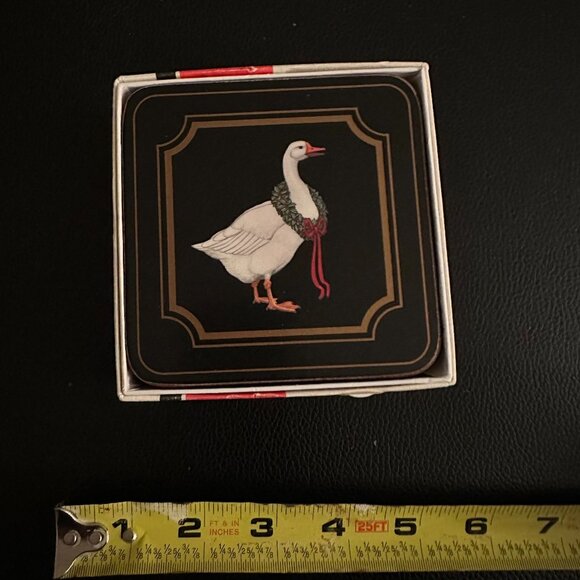 Pimpernel Goose Christmas Coaster Wreath Set 6 Cork Bottom, Black & Gold England - Picture 1 of 11